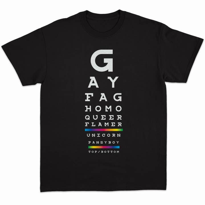 Gay Eye Chart T-Shirt (Queer LGBTQ) - for wholesale by Peachy Kings / Kweer Cards