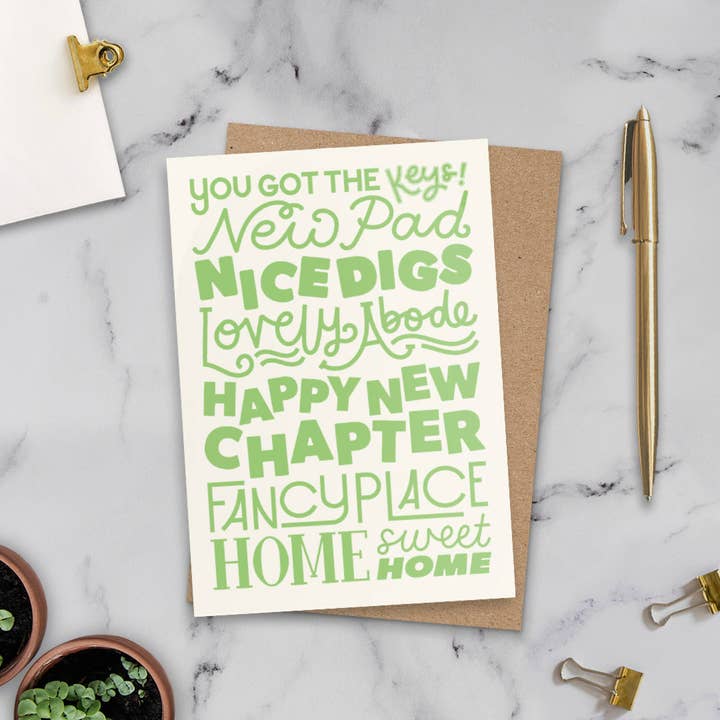 Nieuwe Huis Typografische Kaart, Groen voor wholesale door Jane Katherine Houghton Designs