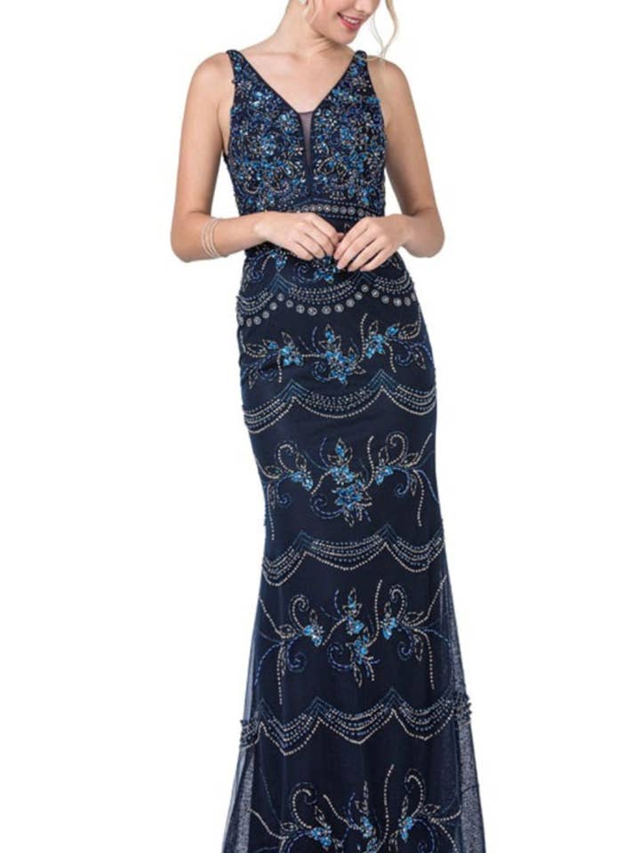 Aspeed Beaded & Sequined V-Neck Long Evening Dress for wholesale by New Yorker's Apparel