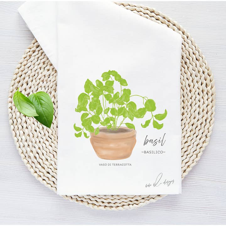Basil Tea Towel, Italian Basil Flour Sack Towel, Cooks Gift for wholesale by Bebe Blu Designs, LLC