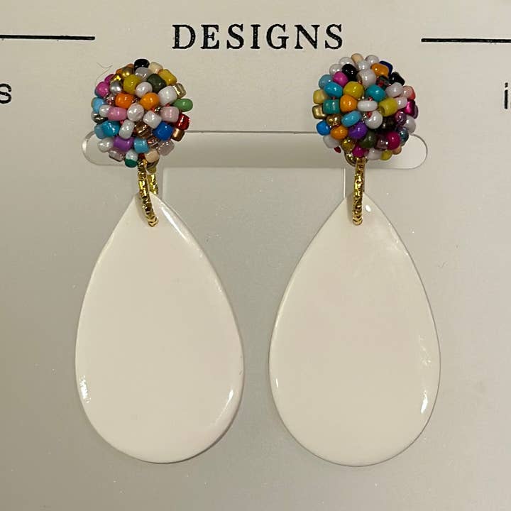 Multi Color Beaded White Polymer Clay Drop Stud Earrings for wholesale by KP Bliss Designs