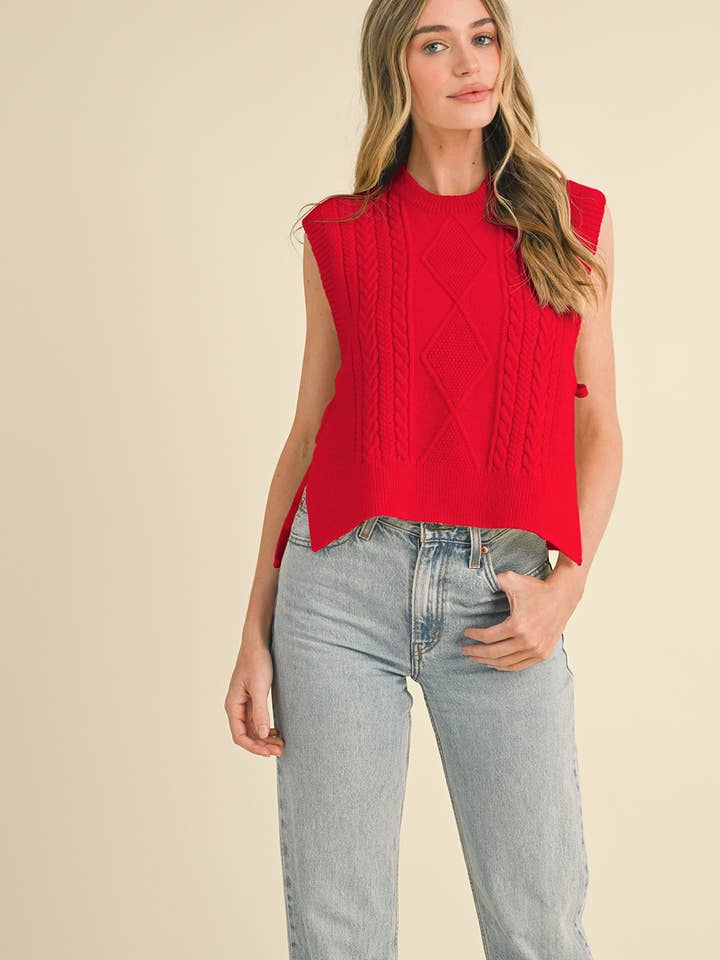 &MERCI - Wholesale Sweater Vest - Women's - CABLE KNIT SIDE TIE SWEATER VEST MSW10637