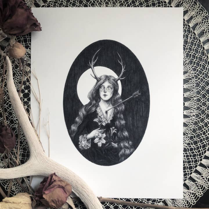 Hunter's Kiss Fine Art Print - Gothic Victorian Deer Woman for wholesale by Caitlin McCarthy Art