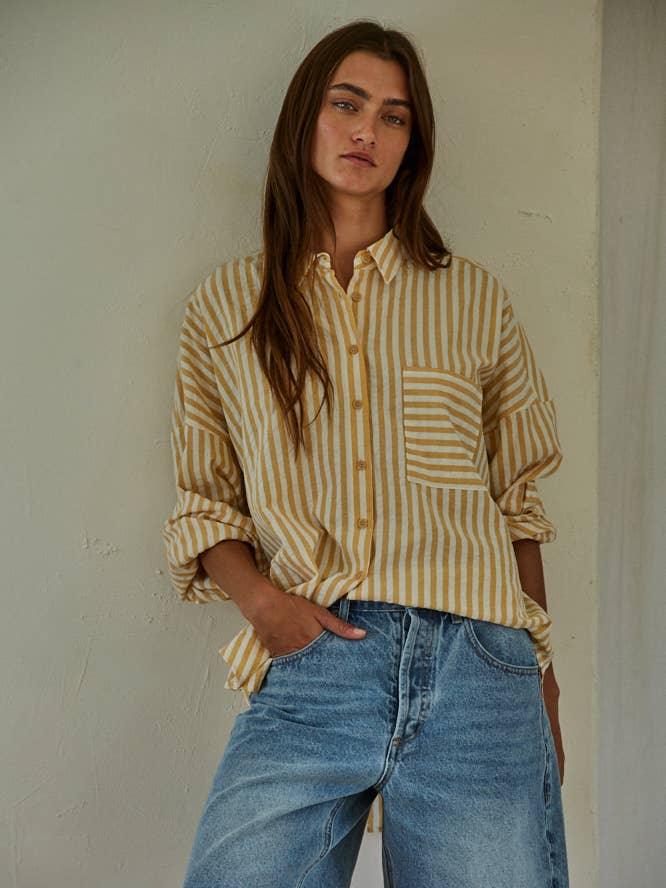 Mustard Ivory L7873 | Woven Cotton Polyester Striped Buttondown Shirt for wholesale on Faire