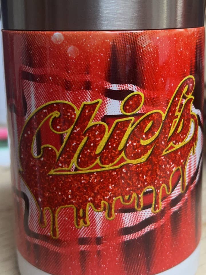 Chiefs Glitter Drip Beer Koozie for wholesale by Plymouth Junction