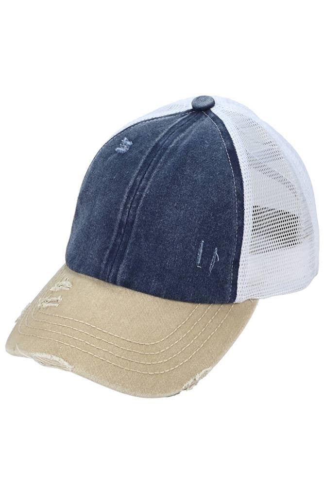 Hana – wholesale Hästsvanskeps - Dam – C.C 3-färgad korsad mesh baksida blank Trucker ponnykeps3