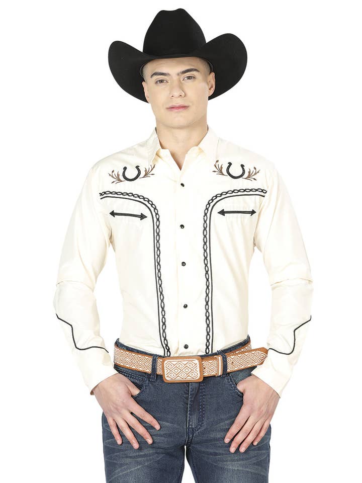 El General Embroidery Western Shirt Beige/Black 43295 for wholesale by El General Western Wear