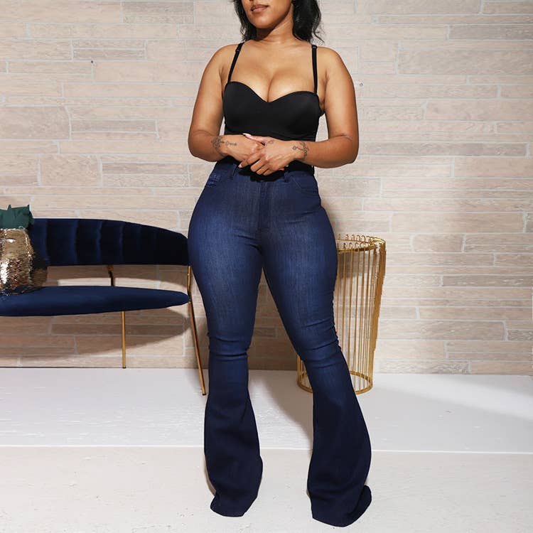 Bleu foncé ; Pantalon évasé en jean stretch pour femme en vente sur Faire0