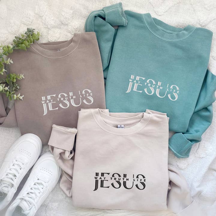 Jesus Way Truth Life Embroidered Crewneck Sweatshirt PRM3500 for wholesale by Scripted Pearl