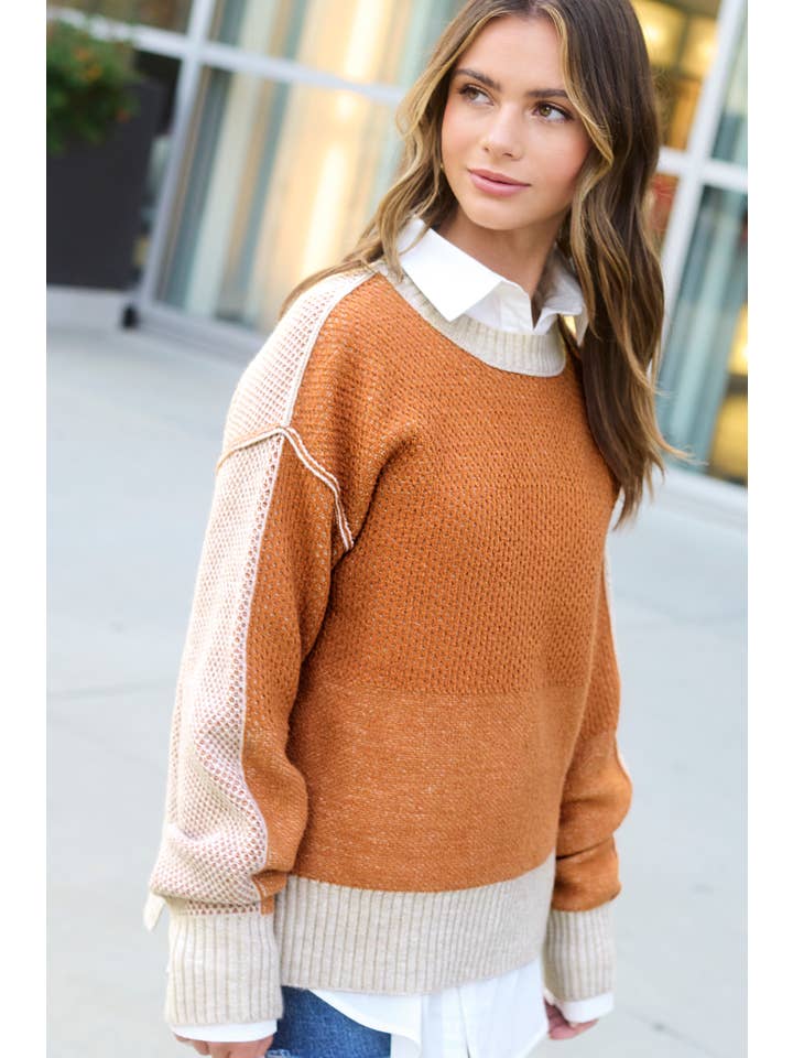 La Miel - Wholesale Knit Sweater - Women's - MCS3556-Loose Fit Color Block Textured Round Neck Sweater