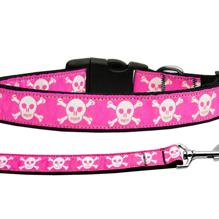 Pet Dog & Cat Nylon Collar or Leash, "Pink Skulls" for wholesale by American Leashworks