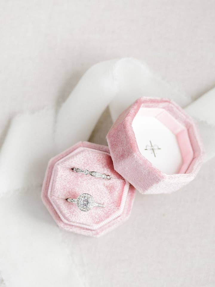 Blush Pink Velvet Octagon Ring Box for wholesale by Belle Box Boutique