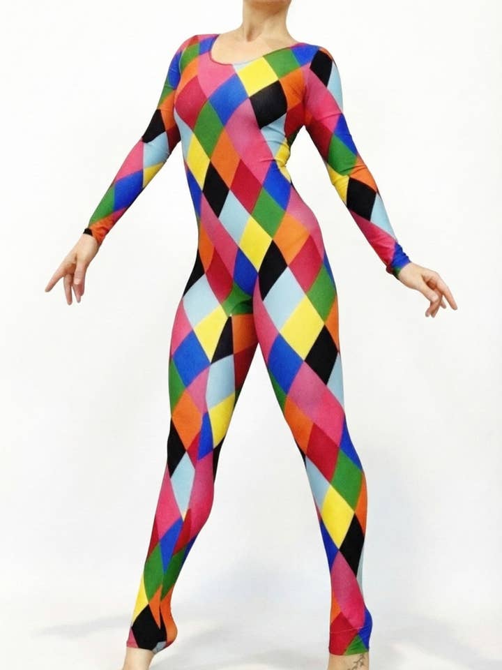 Meerkleurige catsuit, harlekijnkostuum, lange mouwen, ronde hals voor wholesale door Kikimora Fashion