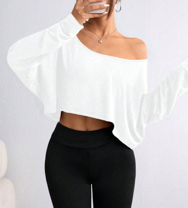 HIDDENBRAND - Wholesale T-Shirt - Women's - One-shoulder Y2K top loose long-sleeves T-shirt2