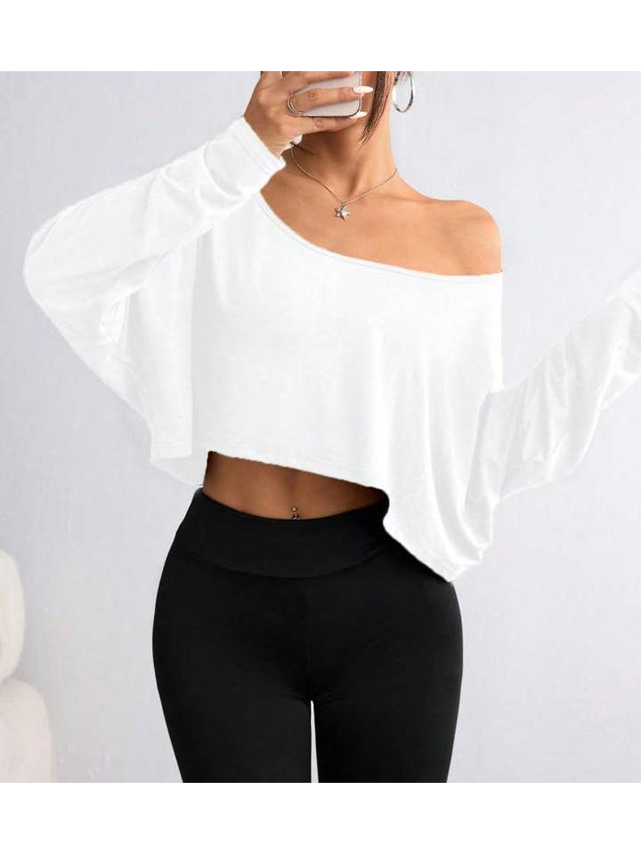 HIDDENBRAND - Wholesale T-Shirt - Women's - One-shoulder Y2K top loose long-sleeves T-shirt2