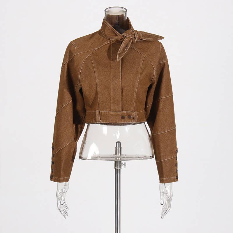 Cor como imagens Conjunto Retrô Desgastado Feminino com Jaqueta Curta com Amarração e Calça Reta para venda a revendedores na Faire6