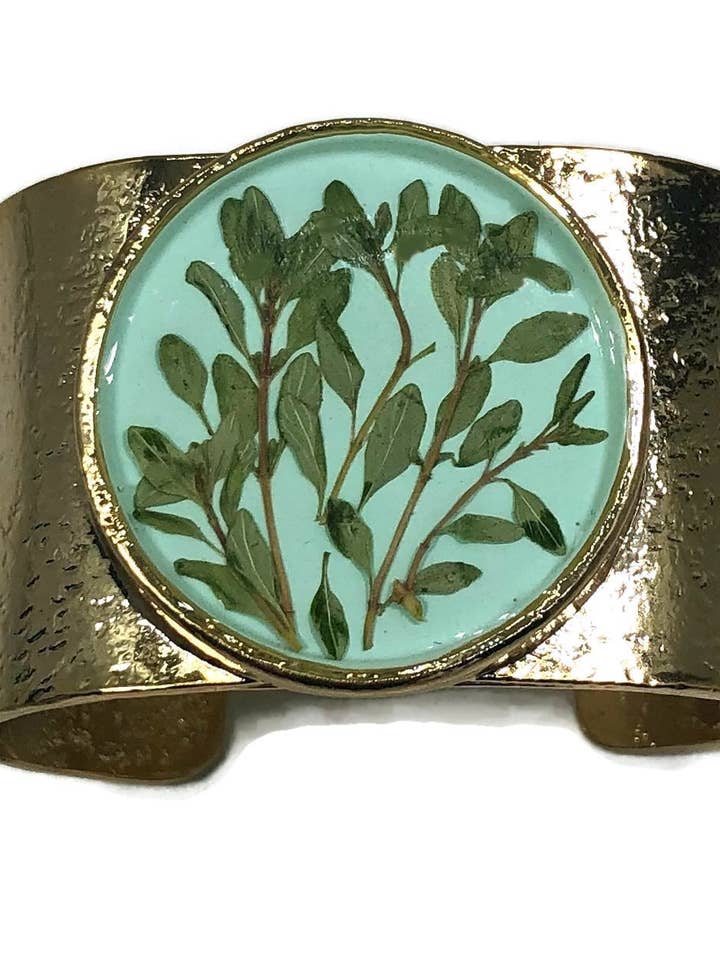 Thyme on Aqua Adjustable Cuff Bracelet for wholesale by Shari Dixon