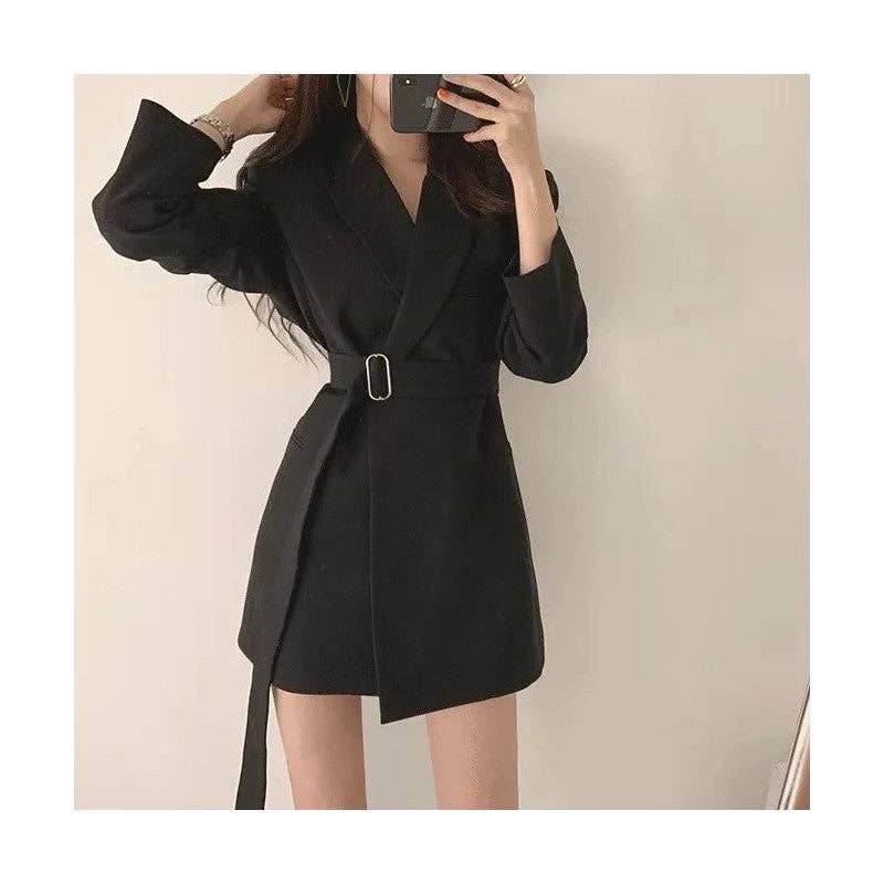 Plush Looks - Wholesale Coat - Women's - Solid Color Mid-Length Belted Blazer Coat0