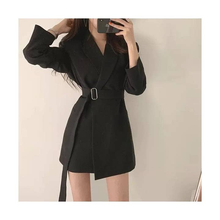 Plush Looks - Wholesale Coat - Women's - Solid Color Mid-Length Belted Blazer Coat