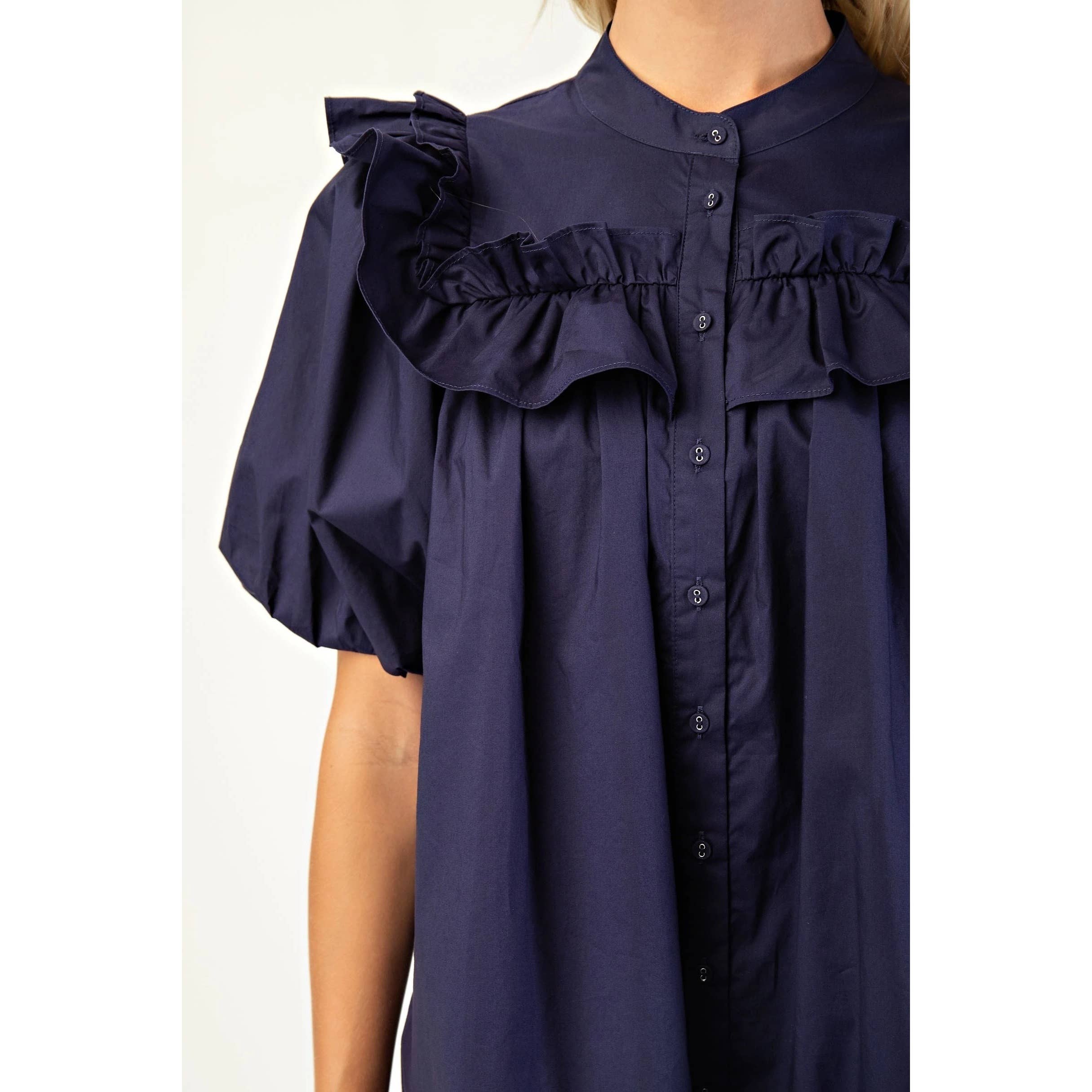 BNS - Wholesale Dress - Women's - Puff Sleeve Mini Dress w_Mandarin Collar n Ruffle17