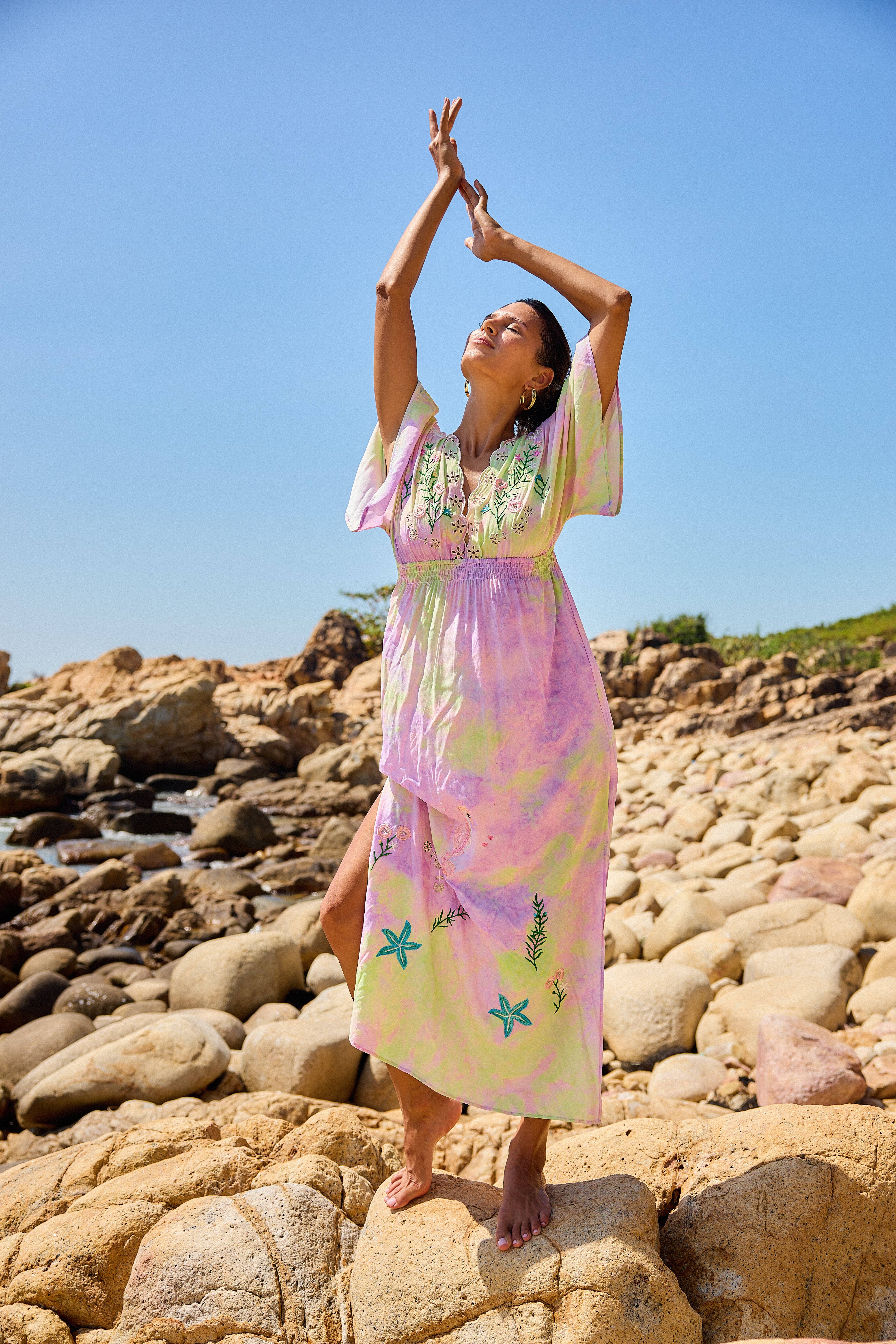 LILAC Maxi long dress with floral embroidery, V-neckline in front for wholesale on Faire4