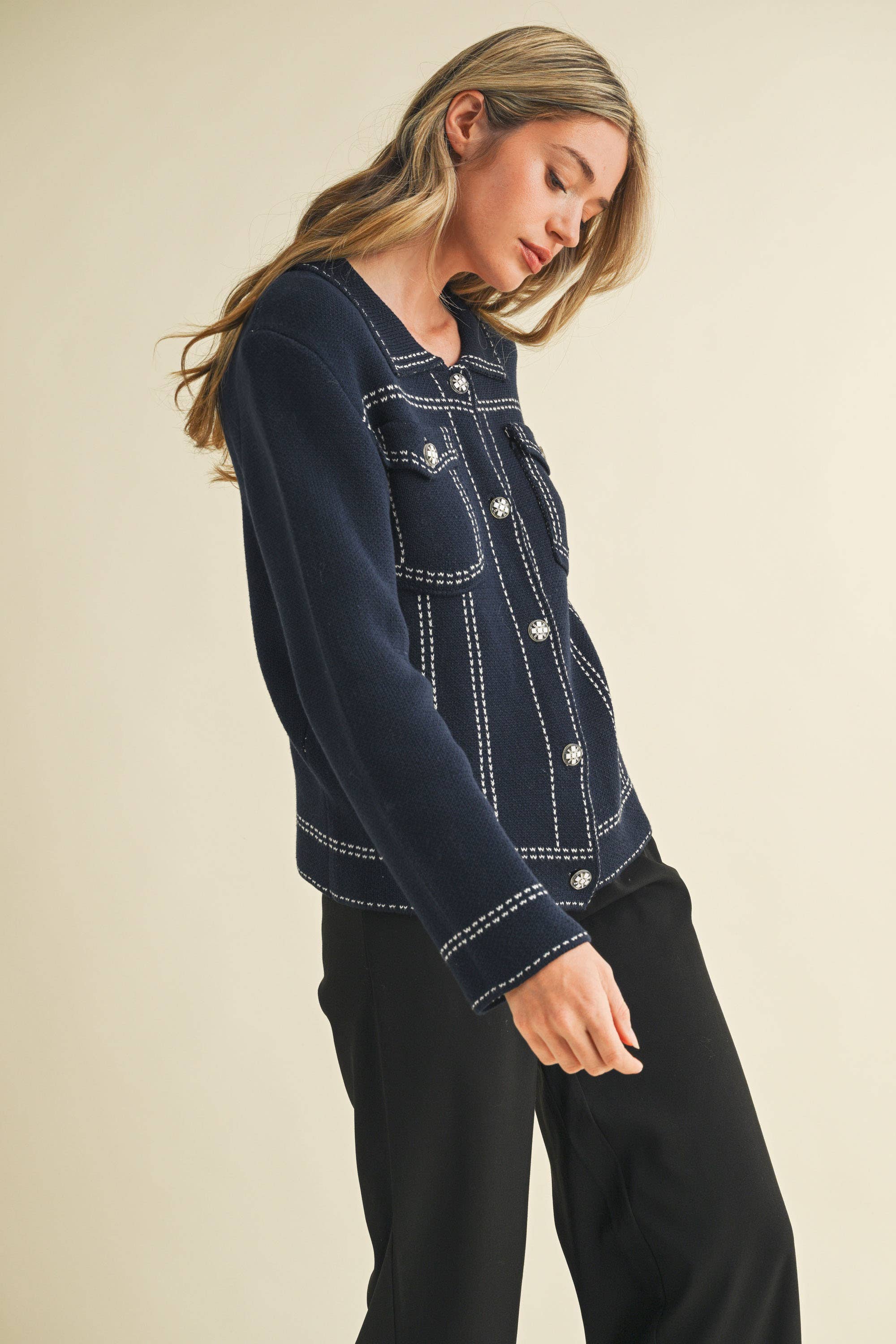 &MERCI - Wholesale Jacket - Women's - DENIM EFFECT KNIT SWEATER JACKET MSW1113017