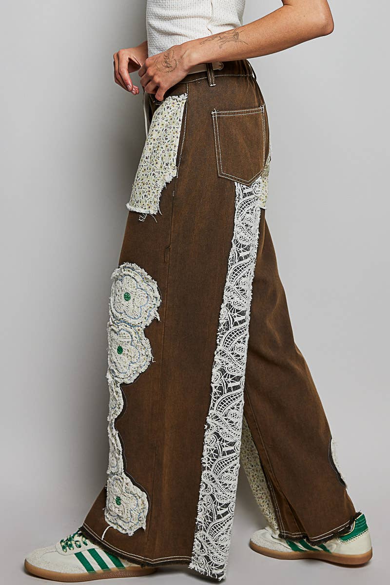 Pol Clothing - Vente Jean – femme - Pantalon en denim à cordon de serrage avec empiècement floral12