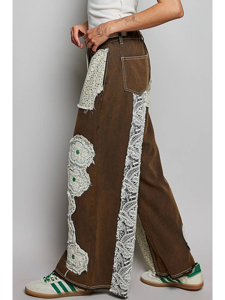 Pol Clothing - Vente Jean – femme - Pantalon en denim à cordon de serrage avec empiècement floral12