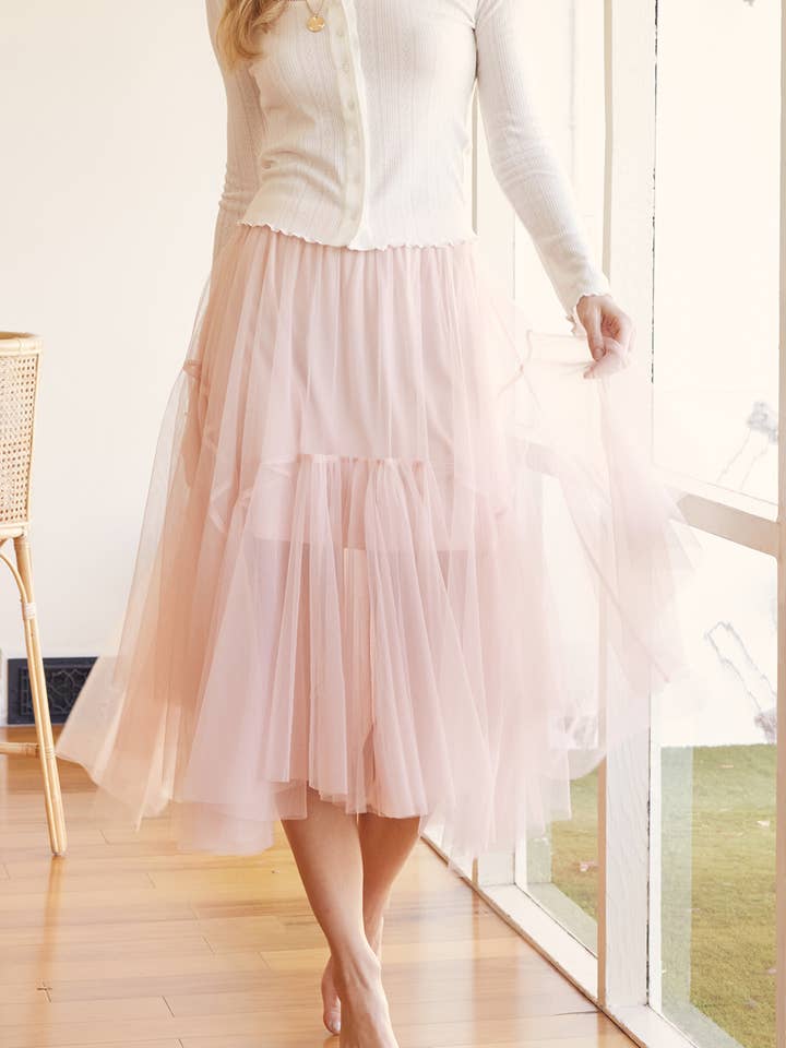 MESH PLEATED MIDI TULLE SKIRT for wholesale by Bluivy