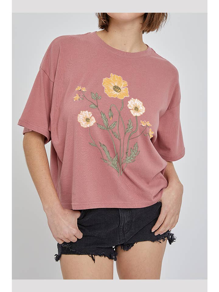 2&moon - Wholesale Screen Printed T-Shirt - Women's - Flower Graphic Crop Tee