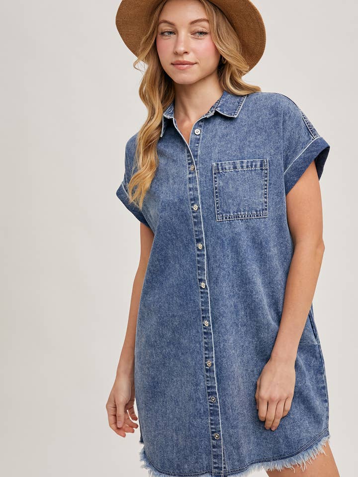 Bluivy - Wholesale Dress - Women's - FRAYED HEM DENIM SHIRT DRESS