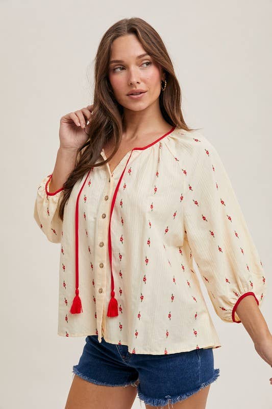 Vanilla Monkey - Vente Chemisier – femme - Blouse à cordon de serrage avec boutons et broderie florale1
