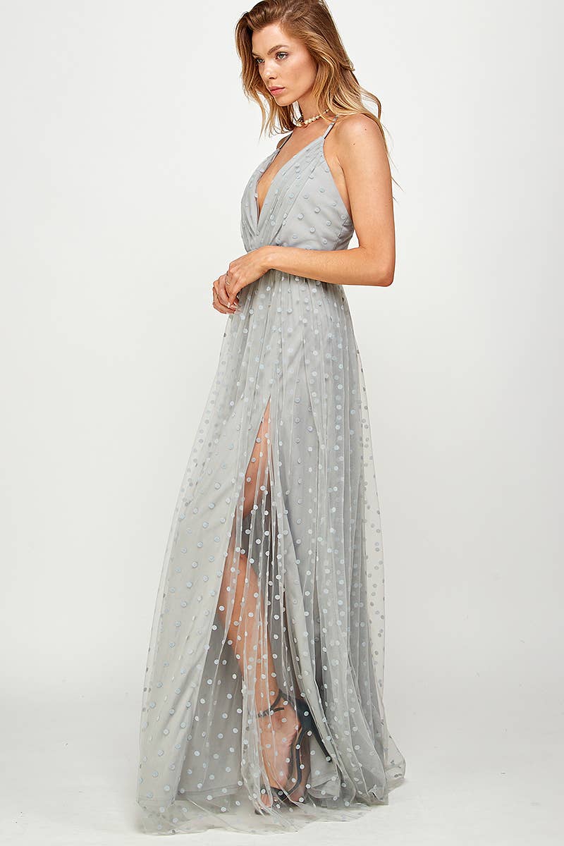 Bleu poussiéreux Robe Maxi en Tulle à Pois Éthérée en vente sur Faire6