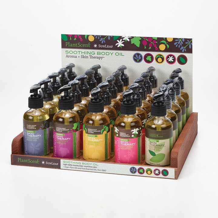 Display - PlantScent Soothing Body Oil for wholesale by SunLeaf Naturals