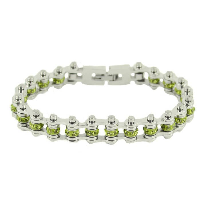 SK2215 Fahrradkettenarmband August 3/8 Zoll breit, Peridot-Farbe mit Kristallen in den Zentren für den Großhandel von Heavy Metal Jewelry