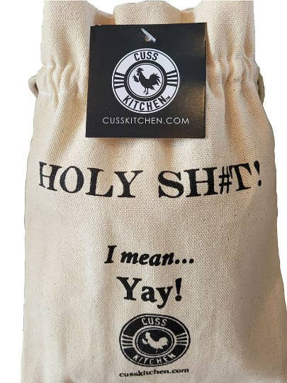 HOLY SHIT YAY Funny Canvas Fabric Drawstring Gift Bag for wholesale by Cuss Kitchen