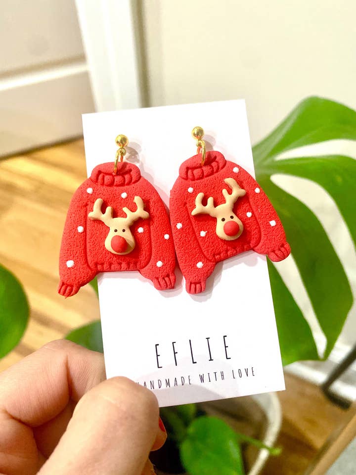 Red Christmas Reindeer Sweater Dangle Statement Earrings for wholesale by Eflie