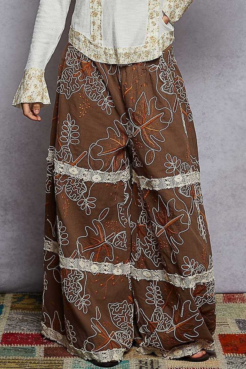 Pol Clothing - Wholesale Pants - Women's - Crochet lace patch embroidered woven floral pattern pants0