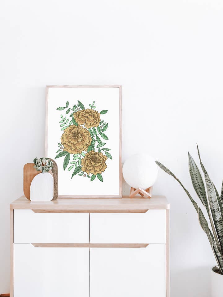 Lámina artística de caléndula | Arte floral de líneas finas para venta al por mayor de Sarah May Arts