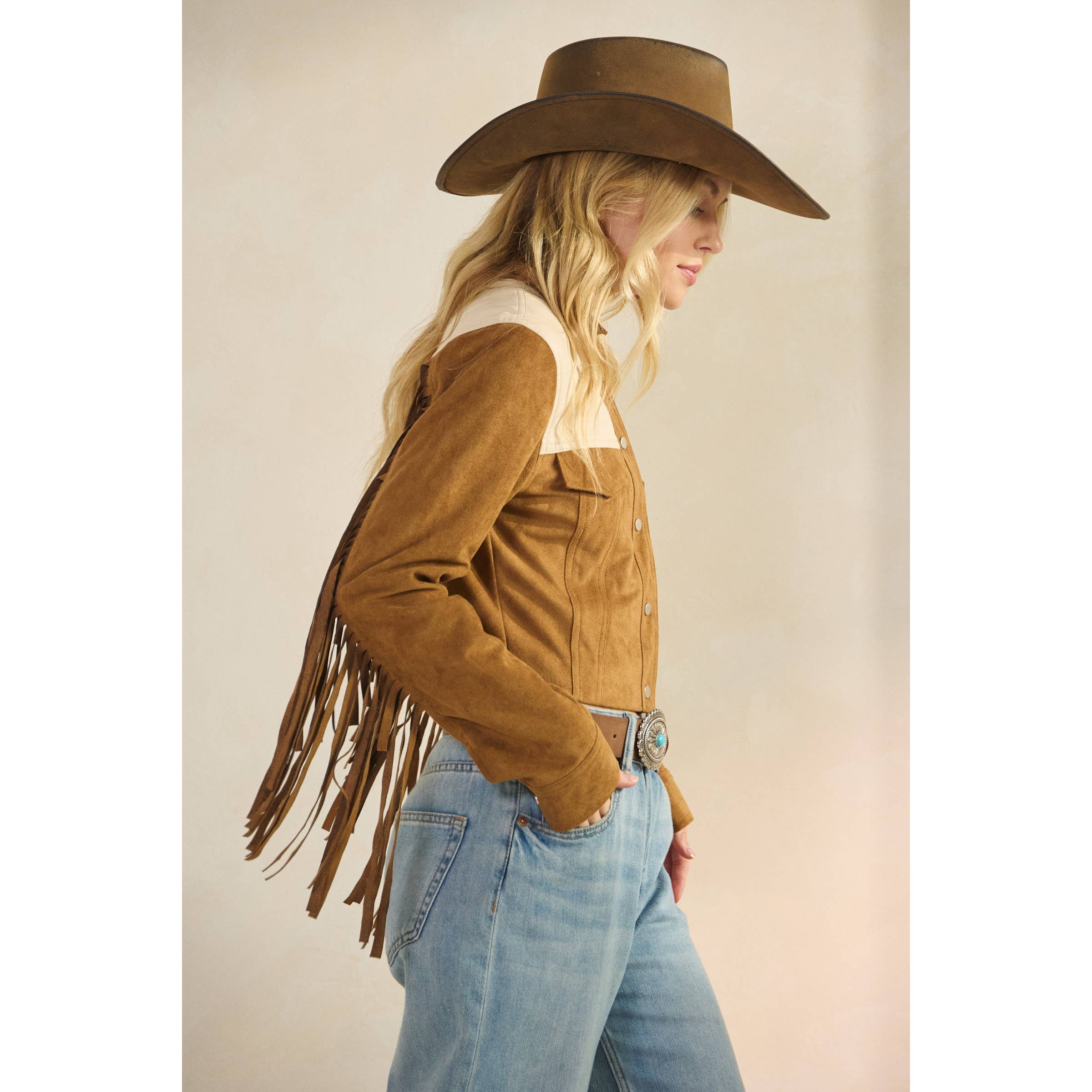 Camel Suede Jacket with Fringe Detail for wholesale on Faire30
