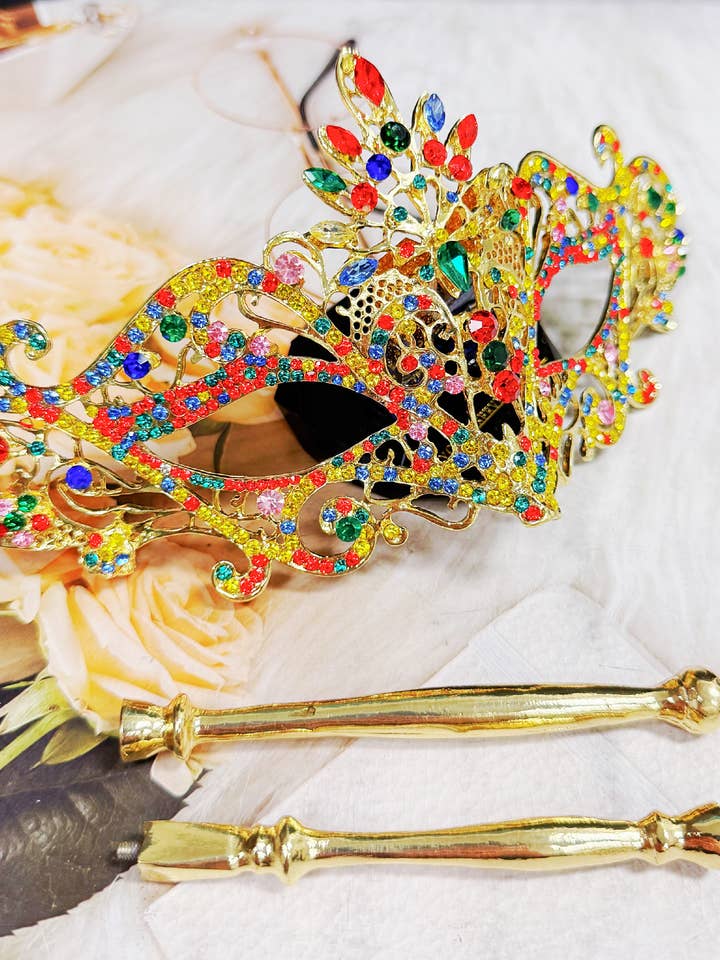 Happy Dream Gifts - Wholesale Costume - Women's - Rainbow Masquerade Mask, Crystal Handheld Mask, Gold Mask