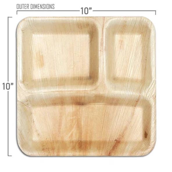Square Compartment 10" Palm Leaf Plates - Pack of 25 plates for wholesale by Karmic Seed