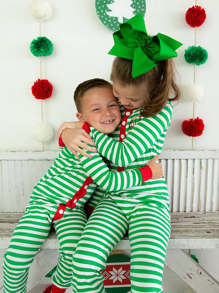 Kids Faux Flap Christmas Jammies- Green and White for wholesale by Love That Cotton