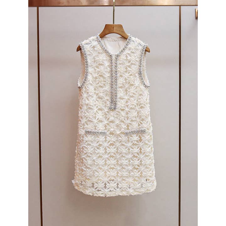 49Y Håndlavet Perlebesat Blonde Tweed Hul Ærmeløs Vest Kjole for engroshandel hos Productseeker