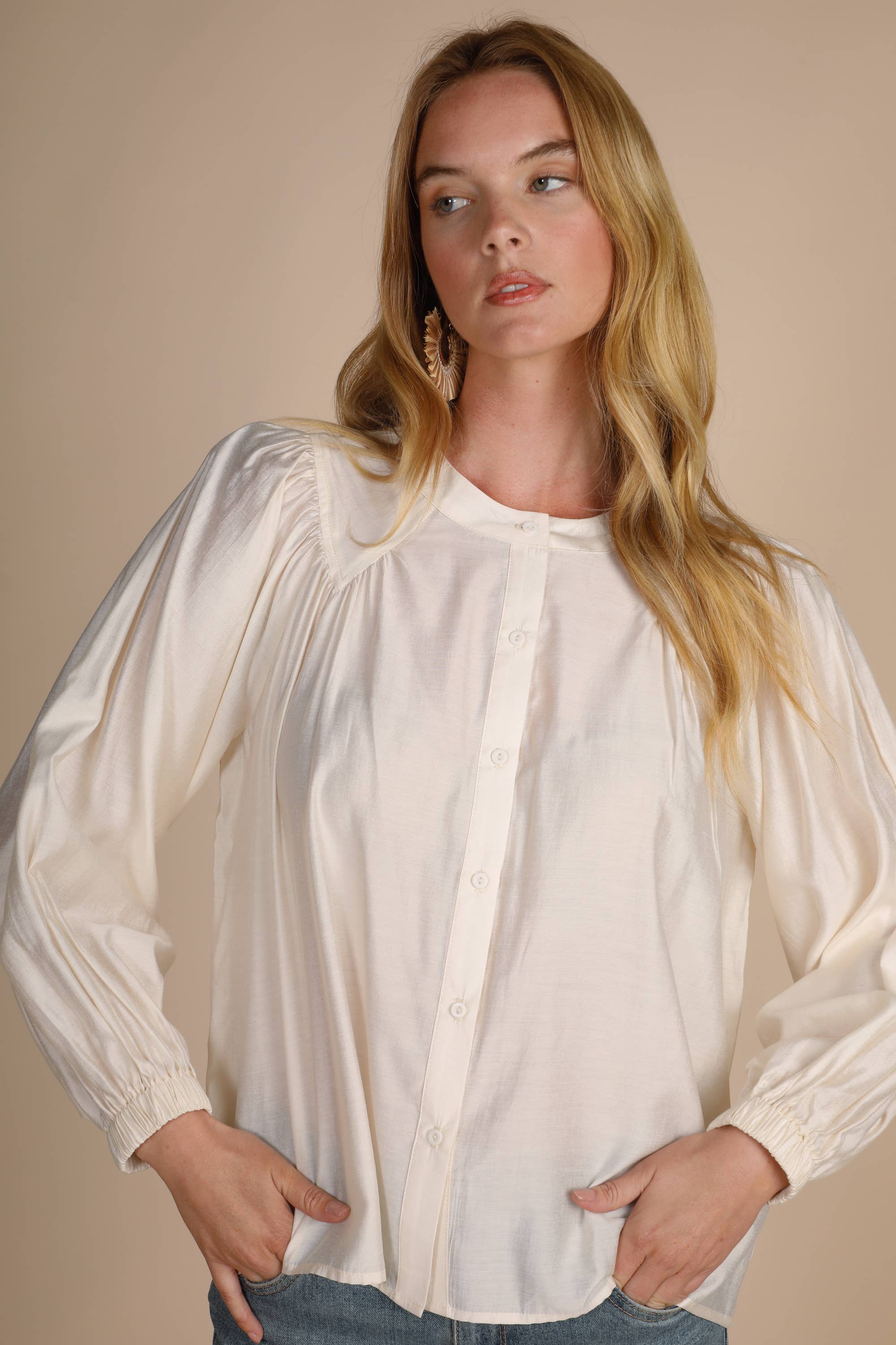 Hers & Mine - Wholesale Button Down Shirt - Women's - BUTTON DOWN V BIAS CUT BALLON SLV BLOUSE0