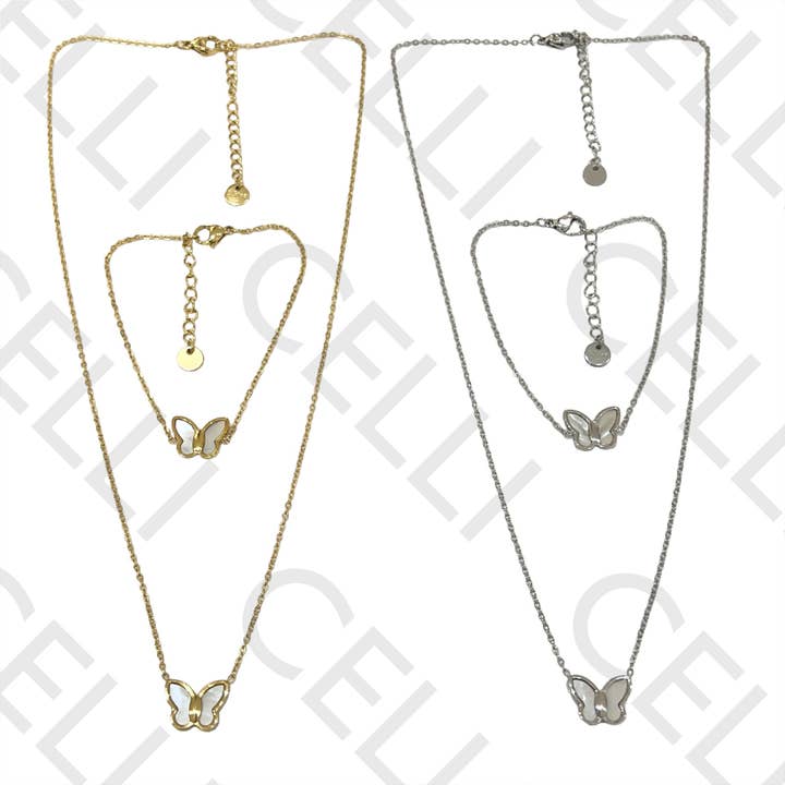 Halsband / Armband i stål - fjäril med pärlemor för wholesale av Celli Biju