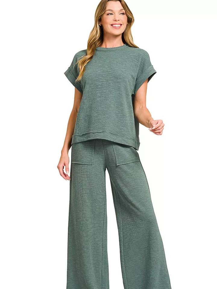 Ensemble T-shirt à manches courtes et pantalon en coton slub Zenana pour la vente par React Activewear