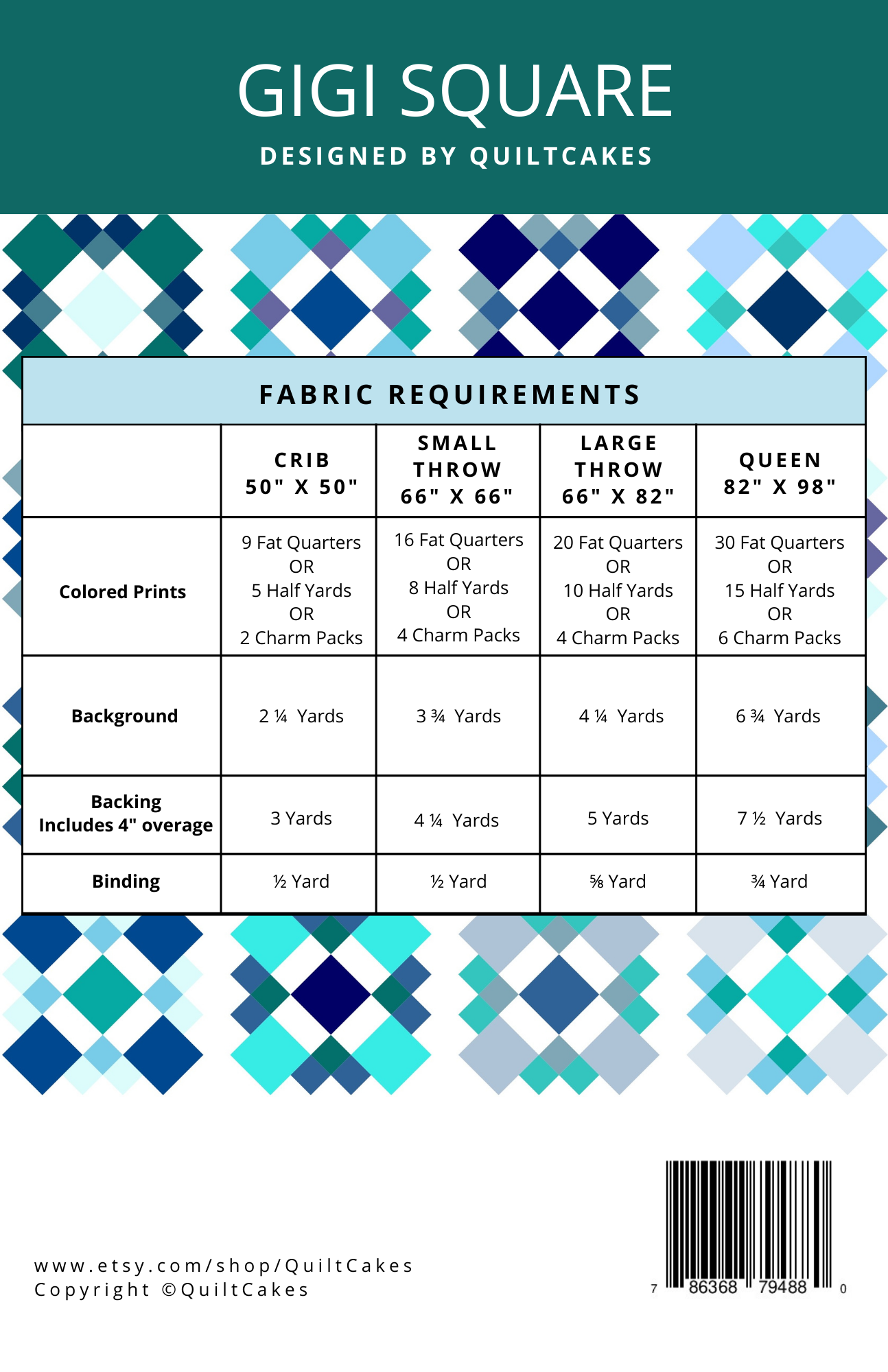 QuiltCakes - Wholesale Craft Sewing Kit - Gigi Square Quilt Pattern Printed 1