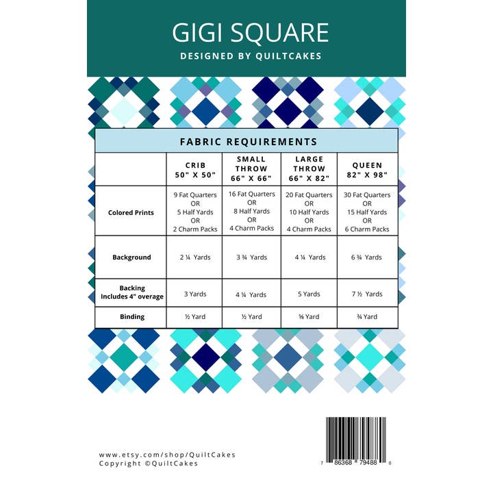 QuiltCakes - Wholesale Craft Sewing Kit - Gigi Square Quilt Pattern Printed 1