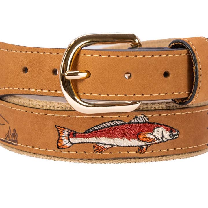 Redfish Embroidered Nubuck Tan Leather Belt. for wholesale by Zep-Pro